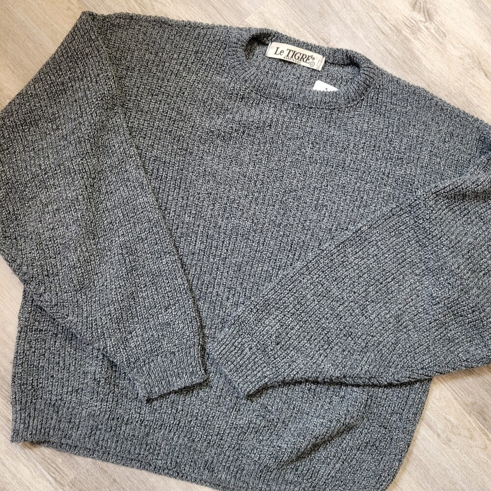Vintage 80s 90s Le TIGRE Large Gray Ribbed Knit Crewneck Sweater fall true vtg